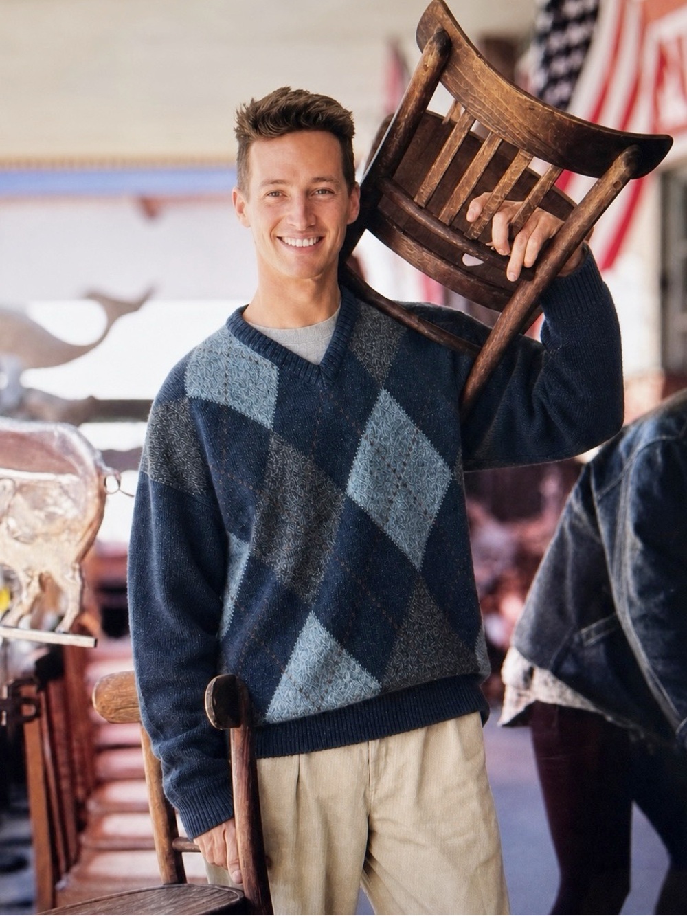VTG 90s 80s GANT Men Blue Wool Argyle Fisherman Pullover Sweater LARGE Preppy